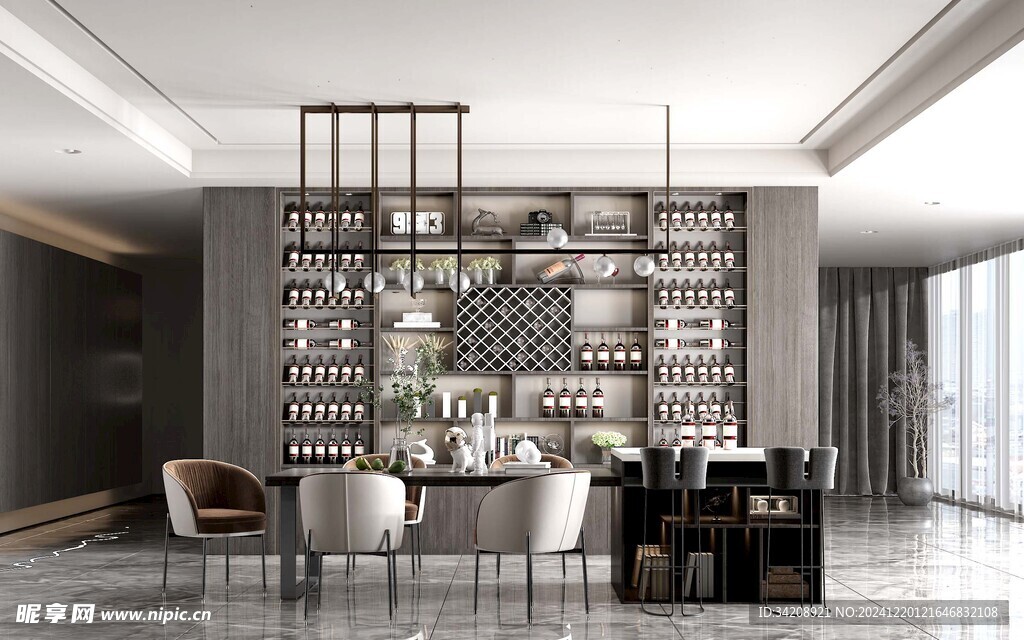 现代简约极简风格餐厅圆桌餐边柜