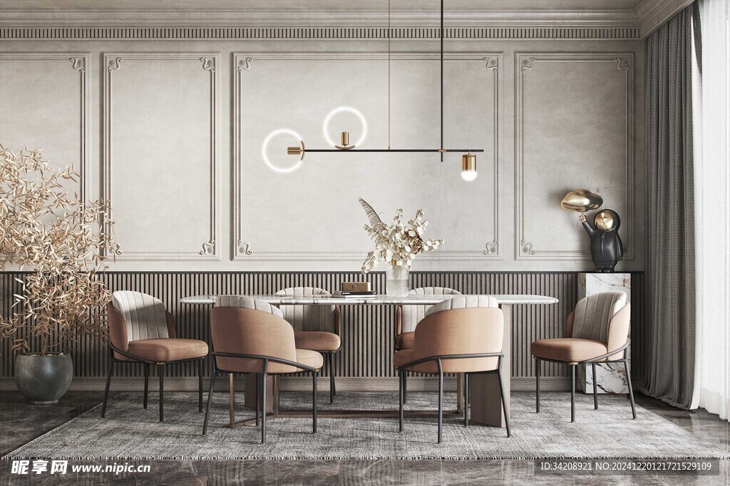 现代简约极简风格餐厅圆桌餐边柜