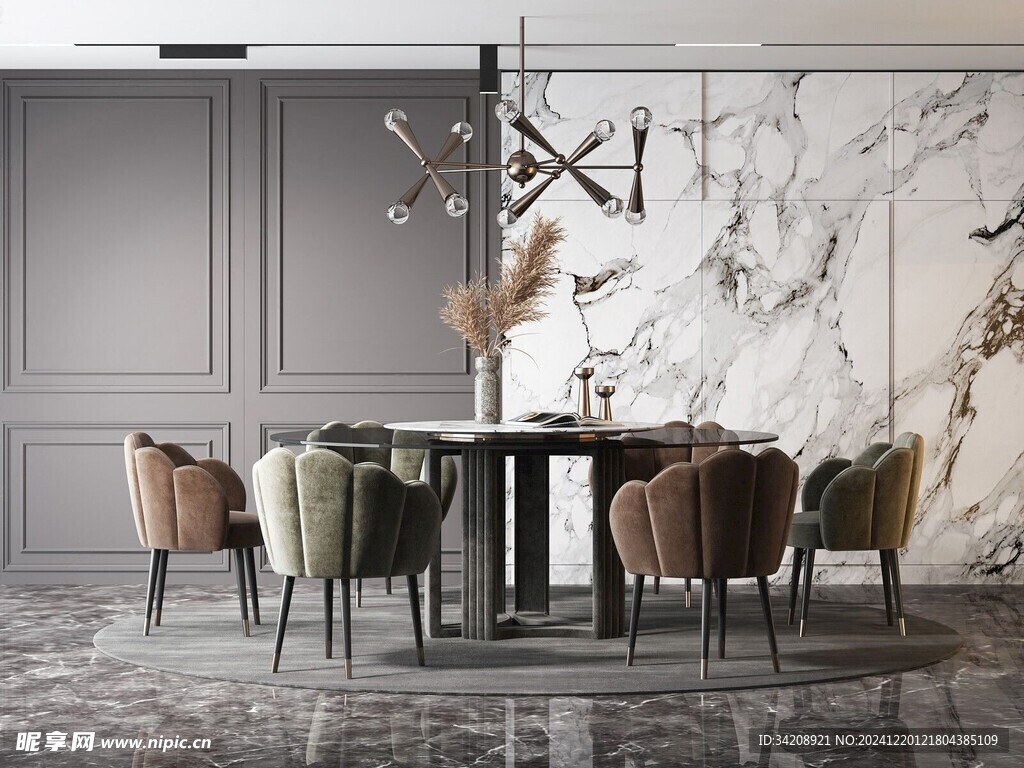 现代简约极简风格餐厅圆桌餐边柜