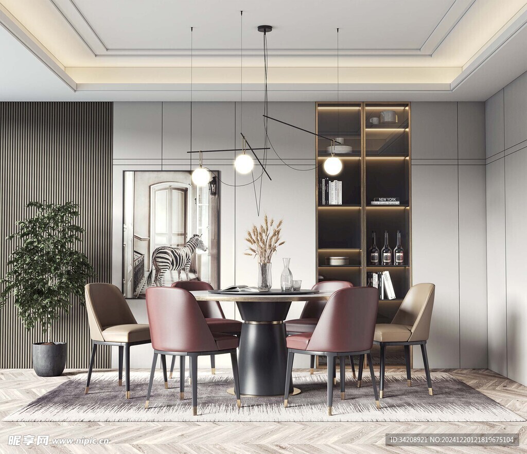 现代简约极简风格餐厅圆桌餐边柜