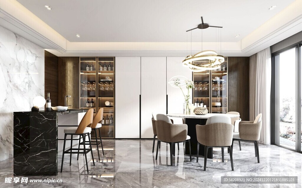 现代简约极简风格餐厅圆桌餐边柜