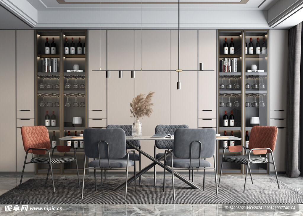 现代简约极简风格餐厅圆桌餐边柜