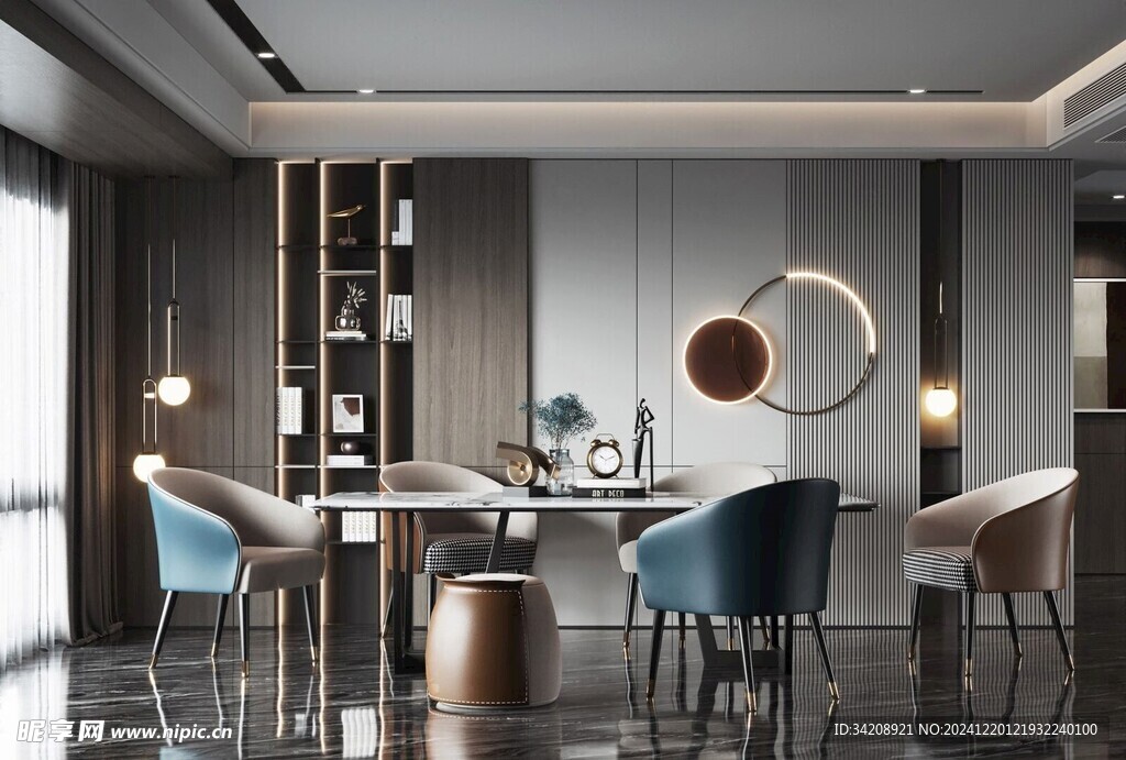 现代简约极简风格餐厅圆桌餐边柜