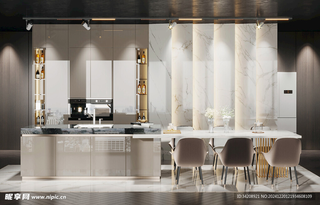 现代简约极简风格餐厅圆桌餐边柜