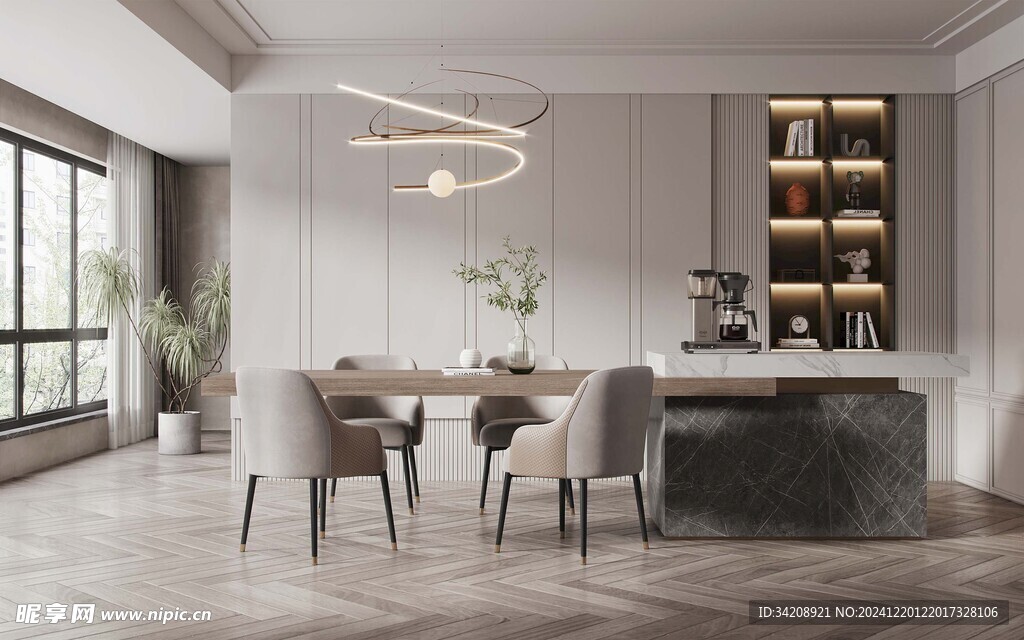 现代简约极简风格餐厅圆桌餐边柜