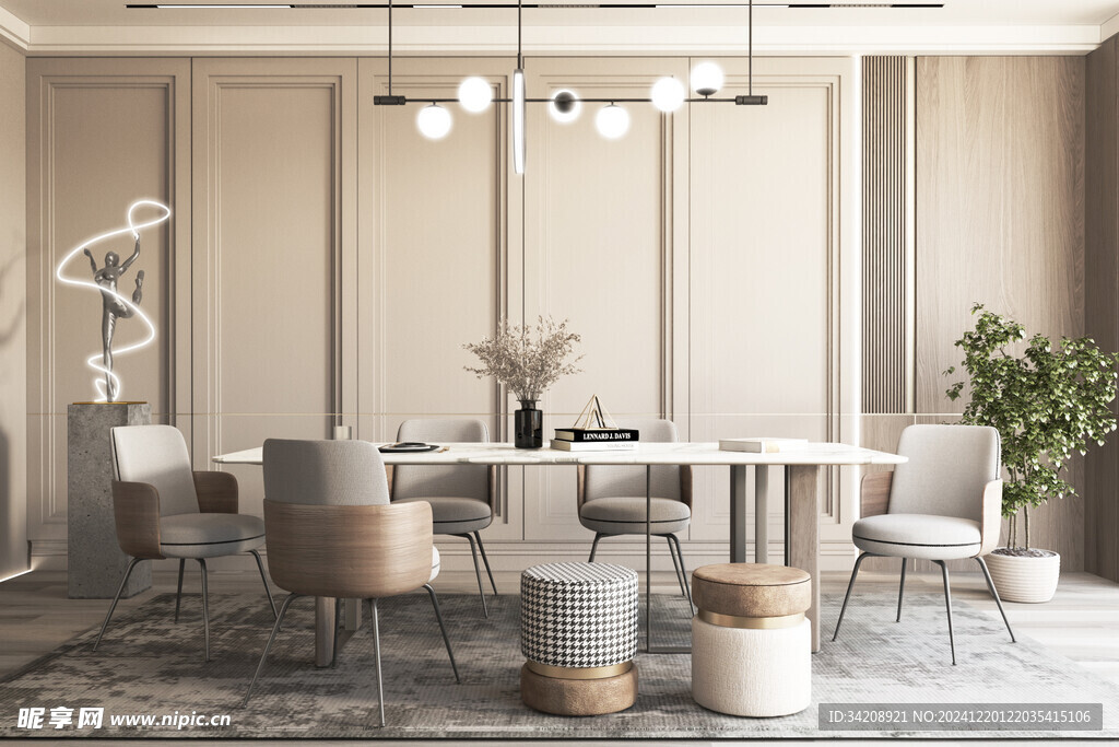 现代简约极简风格餐厅圆桌餐边柜