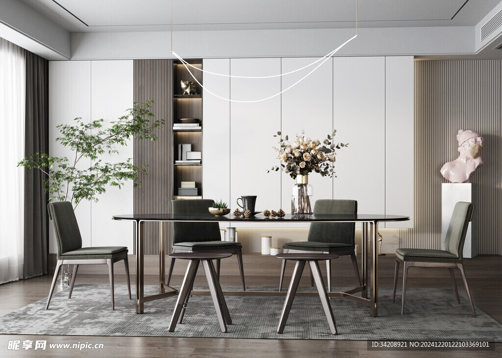 现代简约极简风格餐厅圆桌餐边柜