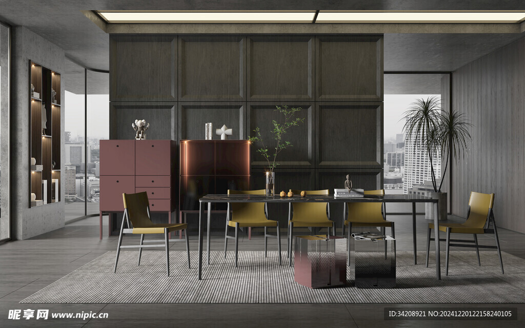 现代简约极简风格餐厅圆桌餐边柜