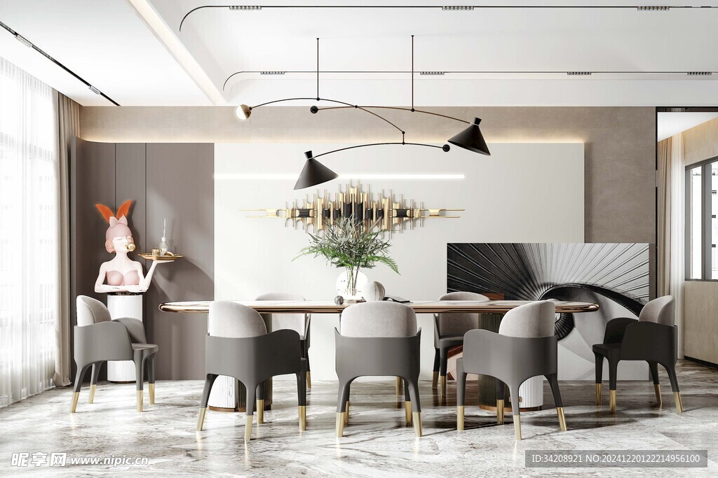 现代简约极简风格餐厅圆桌餐边柜