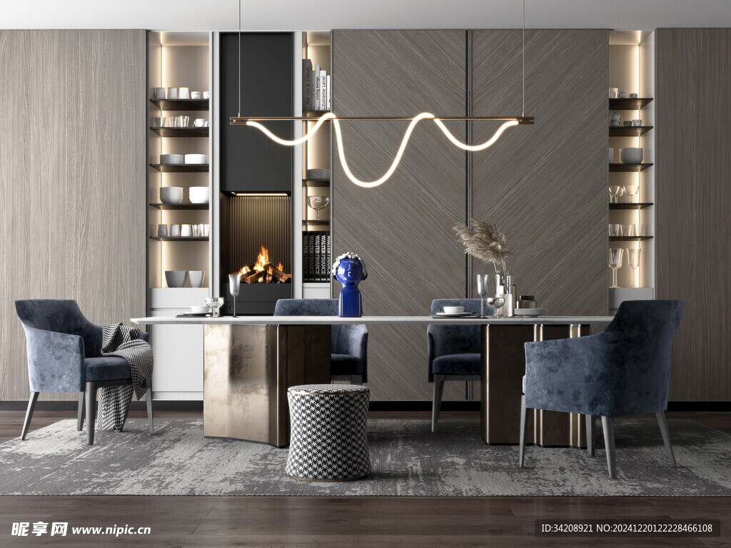 现代简约极简风格餐厅圆桌餐边柜