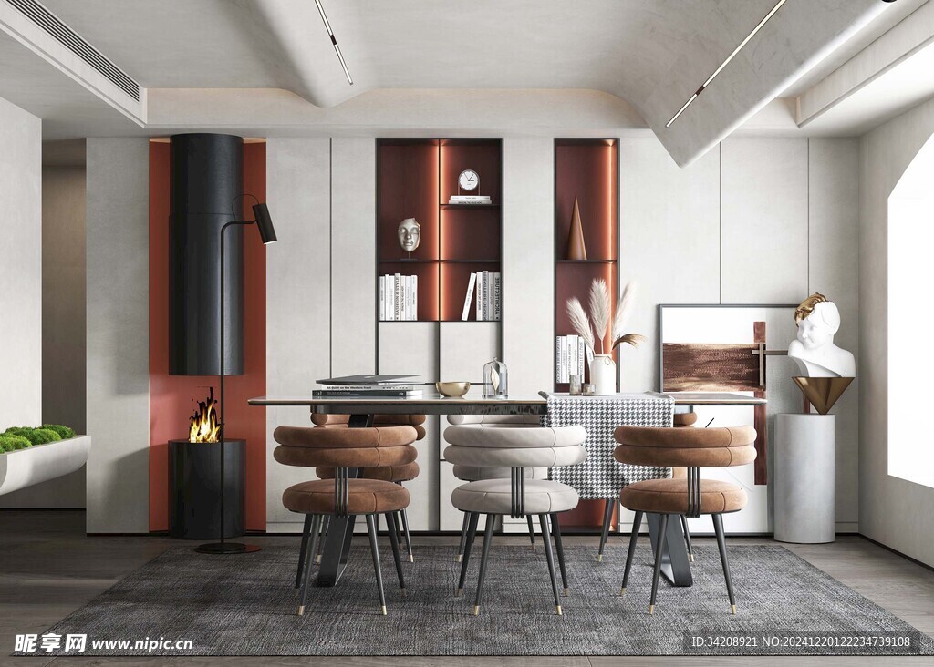 现代简约极简风格餐厅圆桌餐边柜