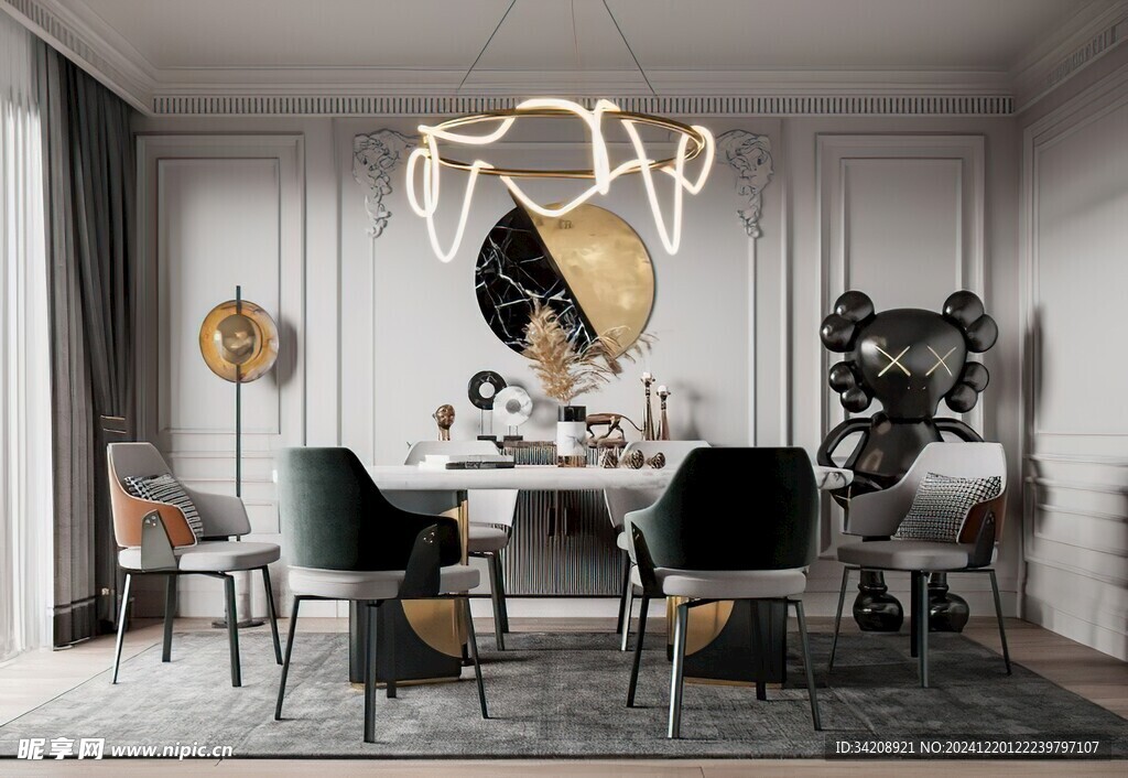 现代简约极简风格餐厅圆桌餐边柜