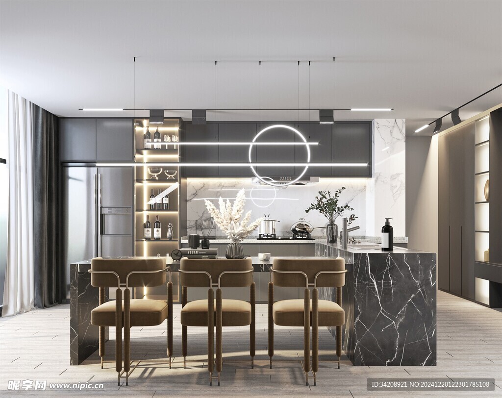 现代简约极简风格餐厅圆桌餐边柜