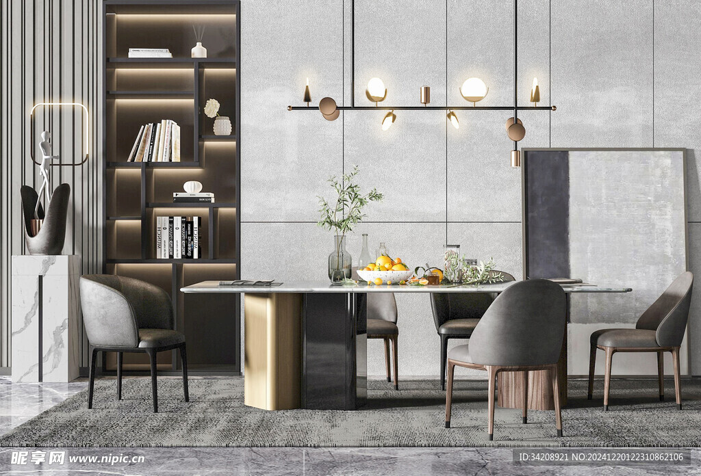 现代简约极简风格餐厅圆桌餐边柜