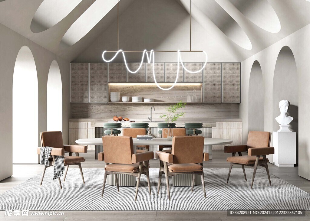 现代简约极简风格餐厅圆桌餐边柜