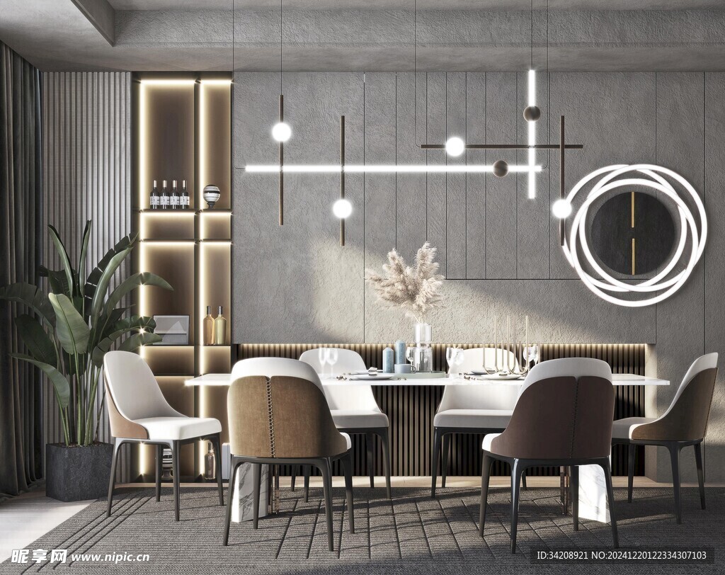 现代简约极简风格餐厅圆桌餐边柜