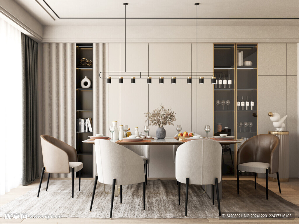 现代简约极简风格餐厅圆桌餐边柜