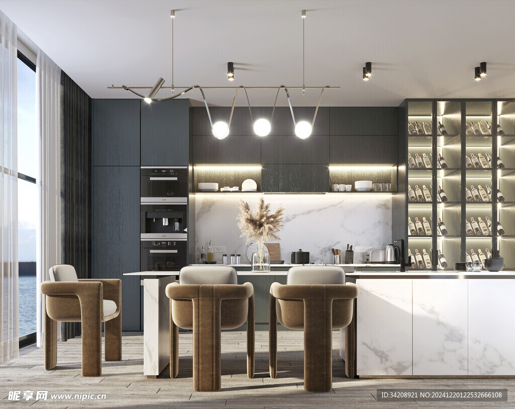 现代简约极简风格餐厅圆桌餐边柜