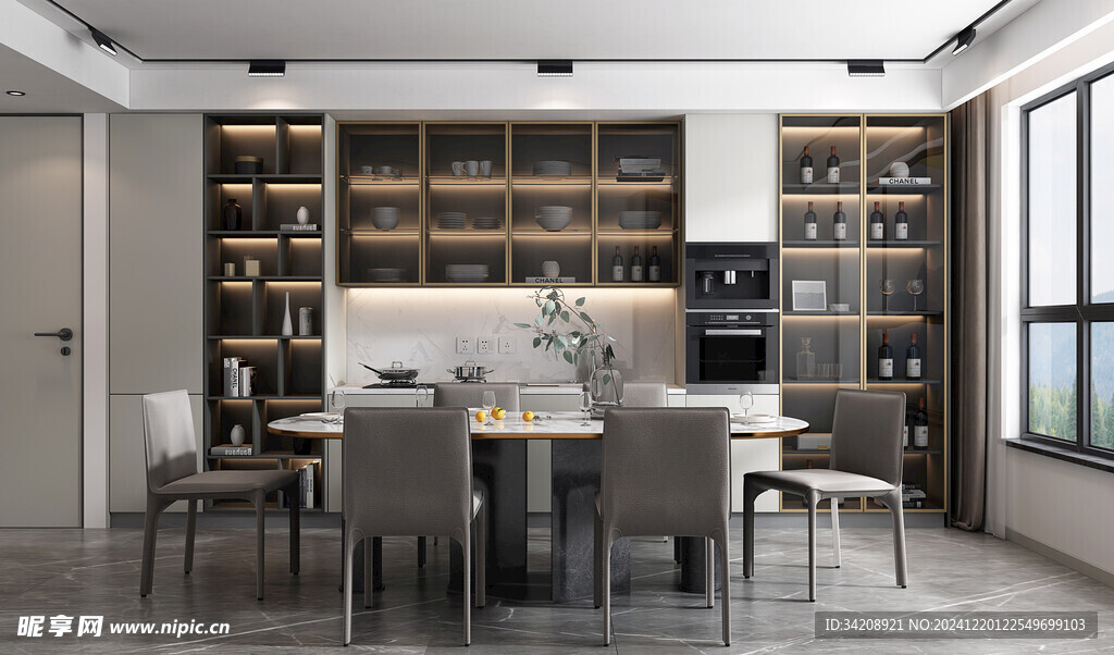 现代简约极简风格餐厅圆桌餐边柜