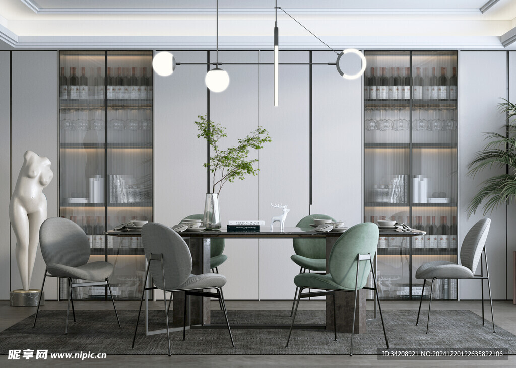 现代简约极简风格餐厅圆桌餐边柜