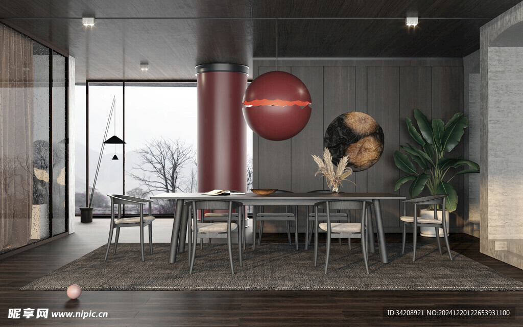 现代简约极简风格餐厅圆桌餐边柜