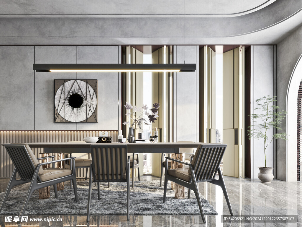 现代简约极简风格餐厅圆桌餐边柜