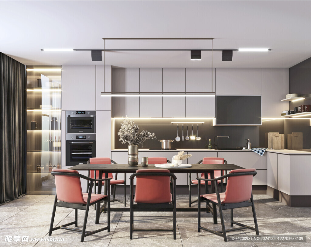 现代简约极简风格餐厅圆桌餐边柜