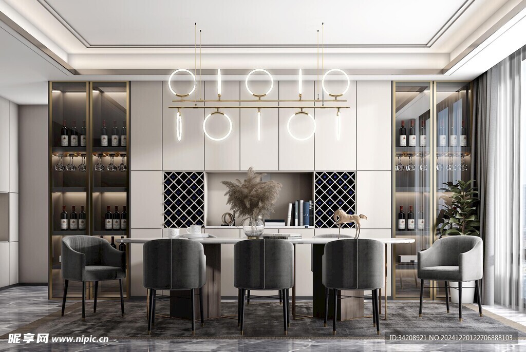 现代简约极简风格餐厅圆桌餐边柜