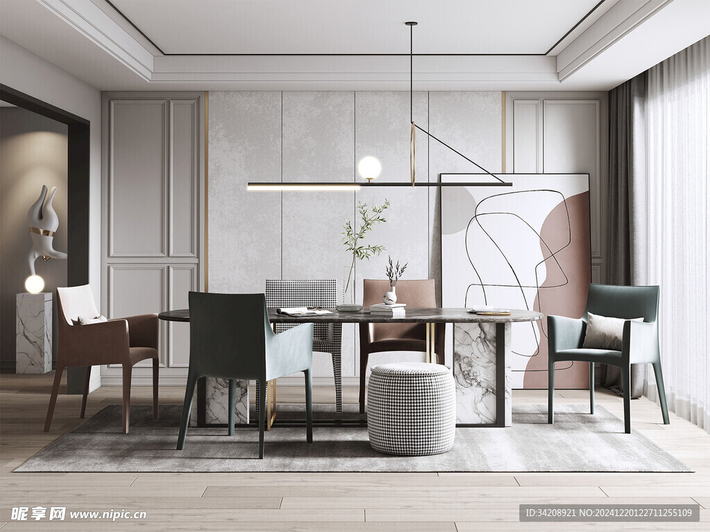 现代简约极简风格餐厅圆桌餐边柜