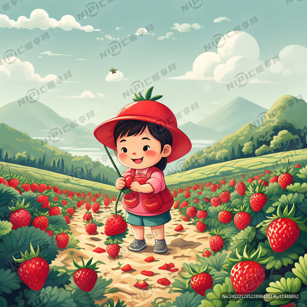 生成一个草莓采摘的插画 有风景