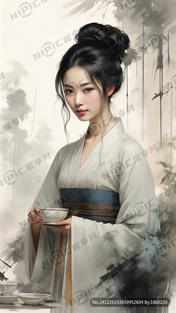宋朝 侍女  古画 端茶