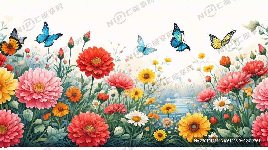 插画 描绘花朵和蝴蝶的彩色
