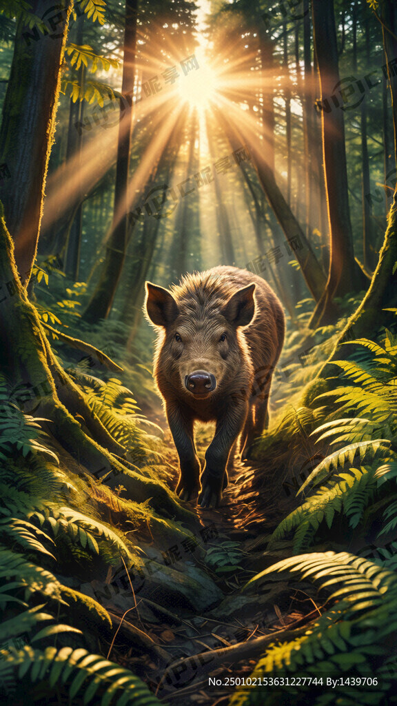 野猪行走在原始森林里阳光洒满