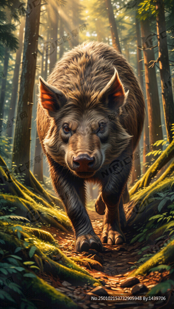 原始森林里阳光洒满獠牙胖野猪侧