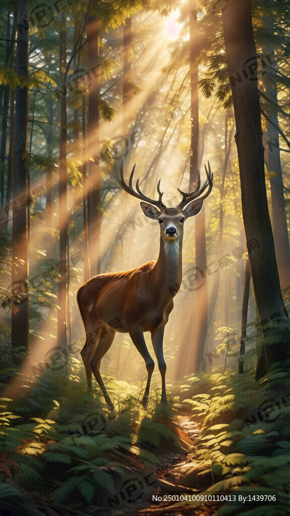 阳光洒满森林中的 鹿侧身穿过