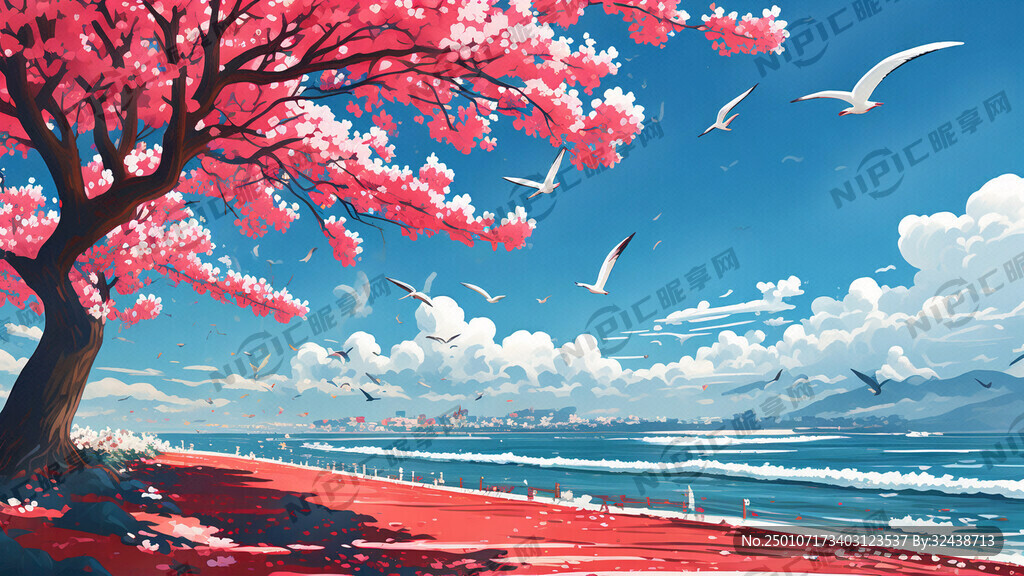 蓝天 白云 海边 路边樱花