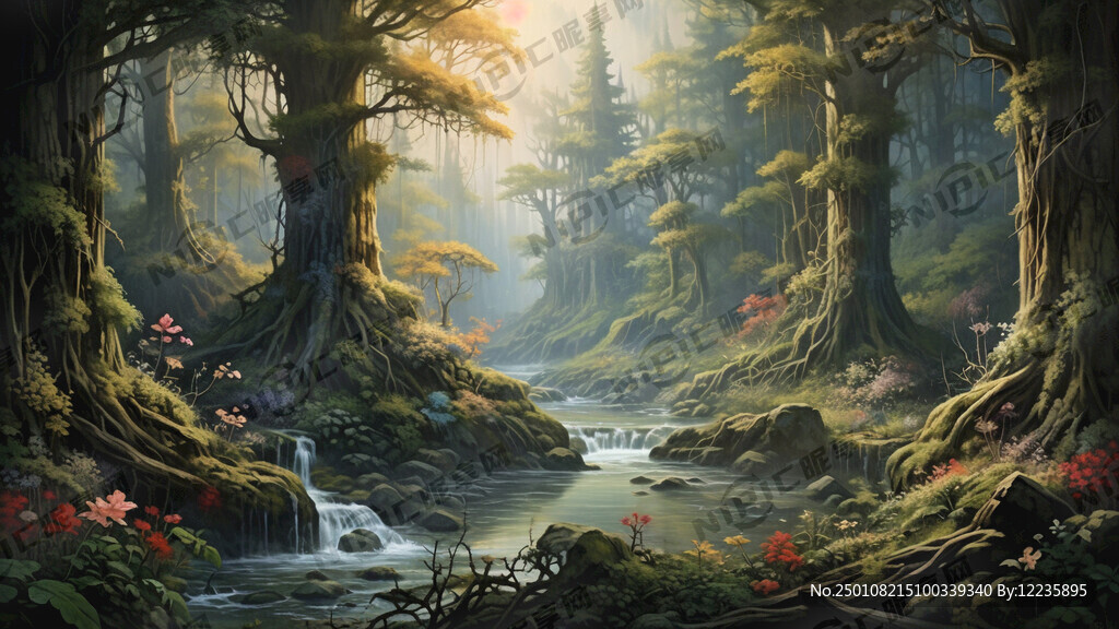 深林仙境手绘 油画风格 唯美