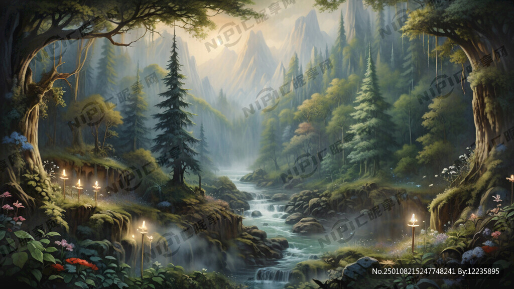 深林仙境手绘 油画风格 唯美