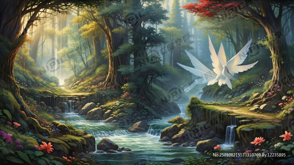 深林仙境手绘 油画风格 唯美