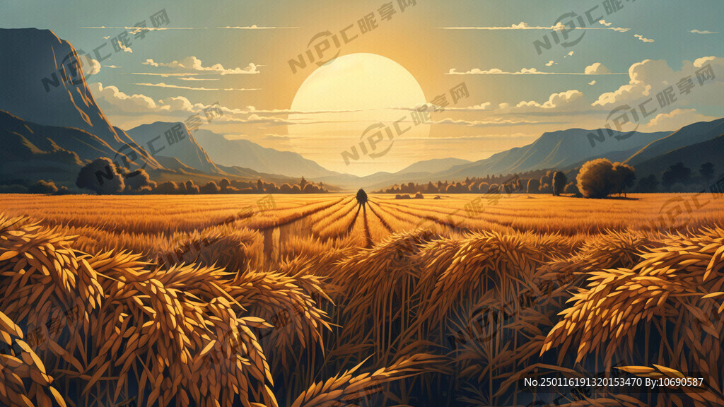 看镜头 画面开阔 收割稻谷场面