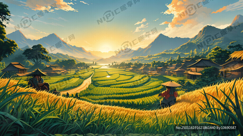 丰收场景 绿油油的稻田 插画