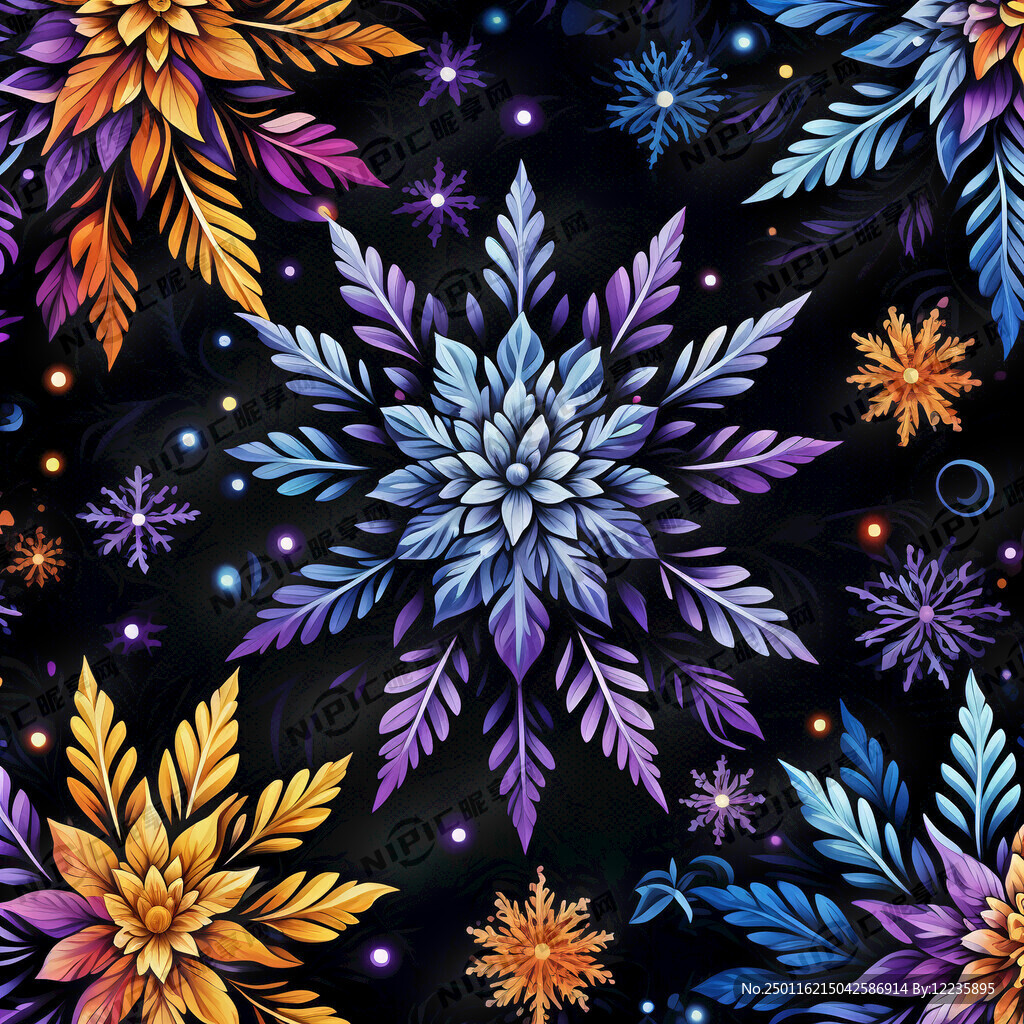 纯色黑底 雪花状经典纹样彩色