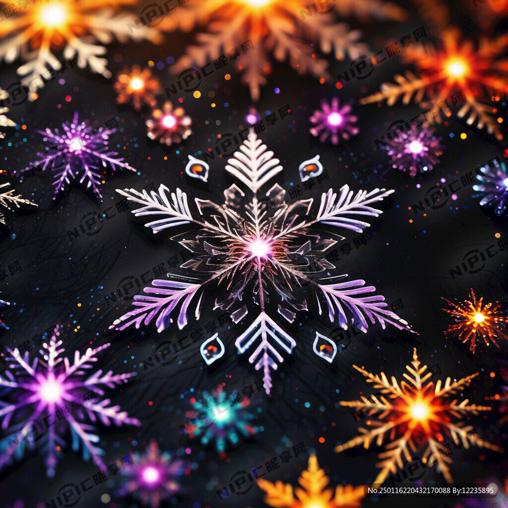 纯色黑底 雪花状经典纹样彩色