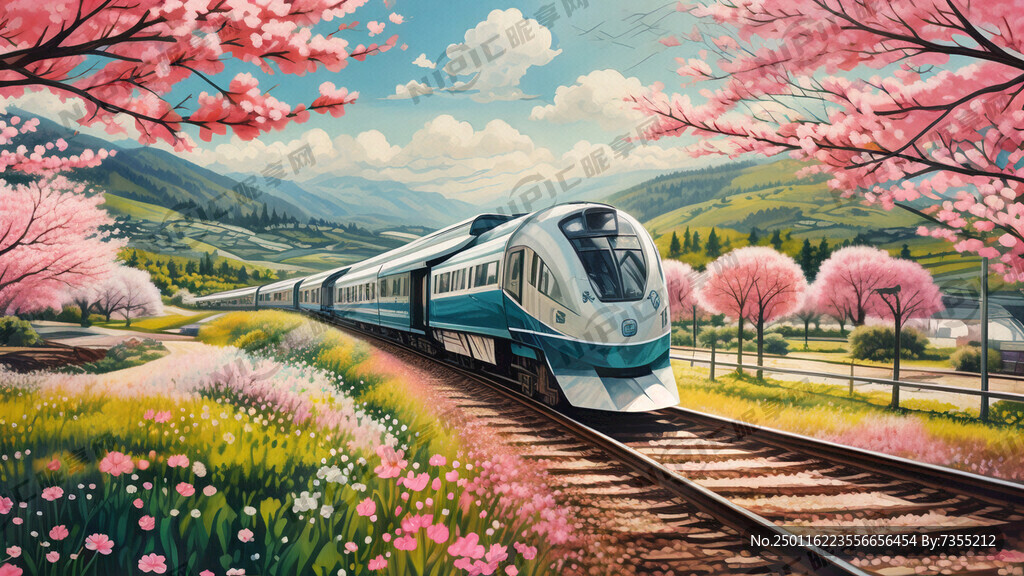 动车线稿火车行驶、春天风景