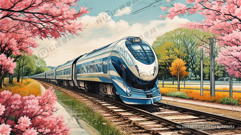 动车线稿火车行驶、春天远景