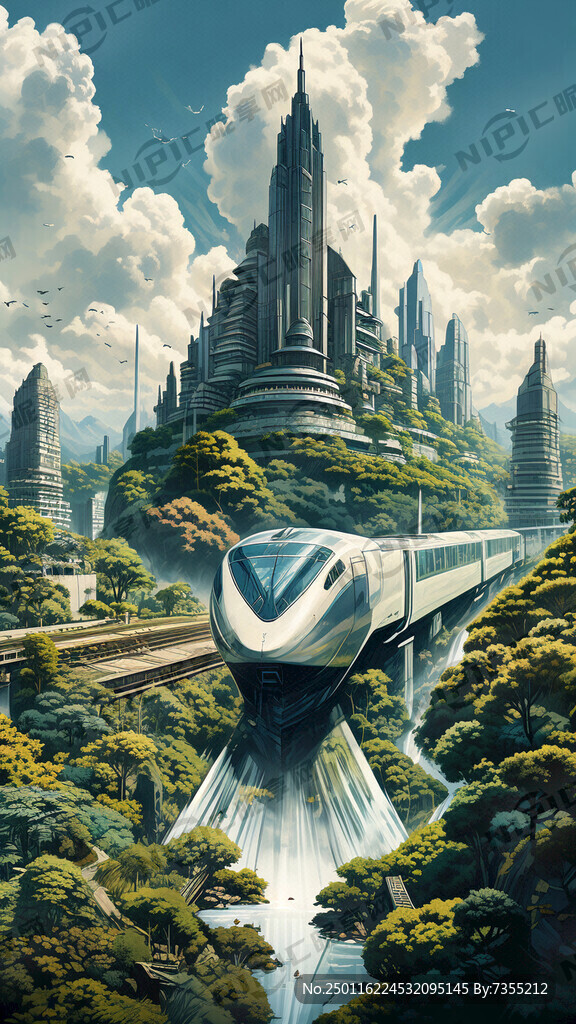 线稿动车行驶天空愿景山水树木城