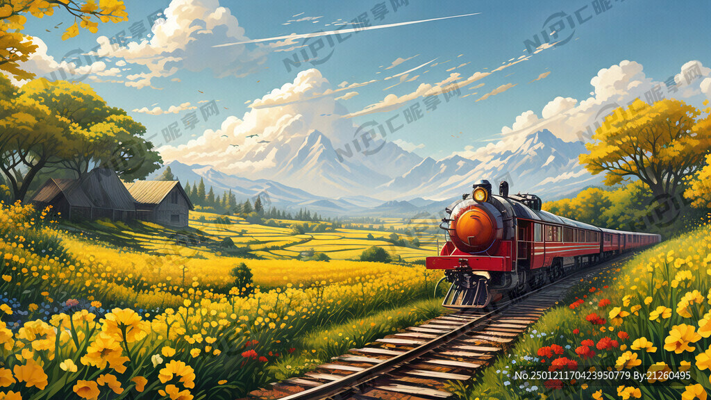 一列火车从右侧穿过油菜花地