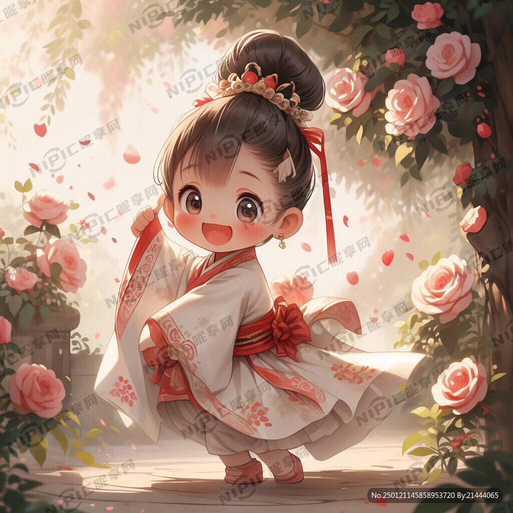 粉色调蔷薇花背景梳着包包头穿着