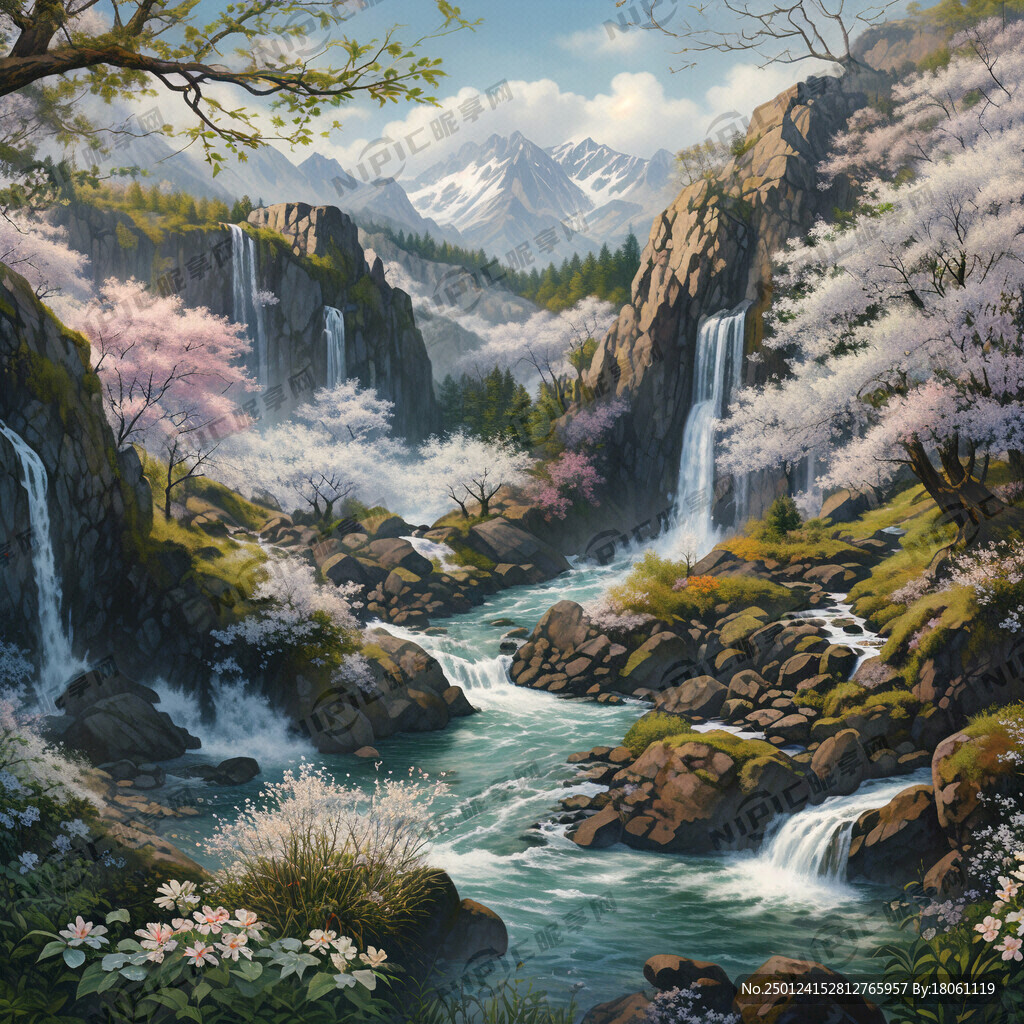 瀑布河流 高山 大树