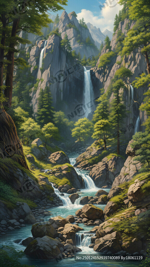 瀑布河流 高山 大树